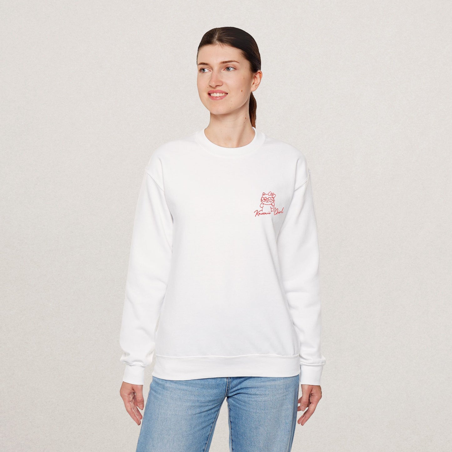 Kawaii Girl Embroidered Sweatshirt – Minimalist Cat Icon, 3 Colors