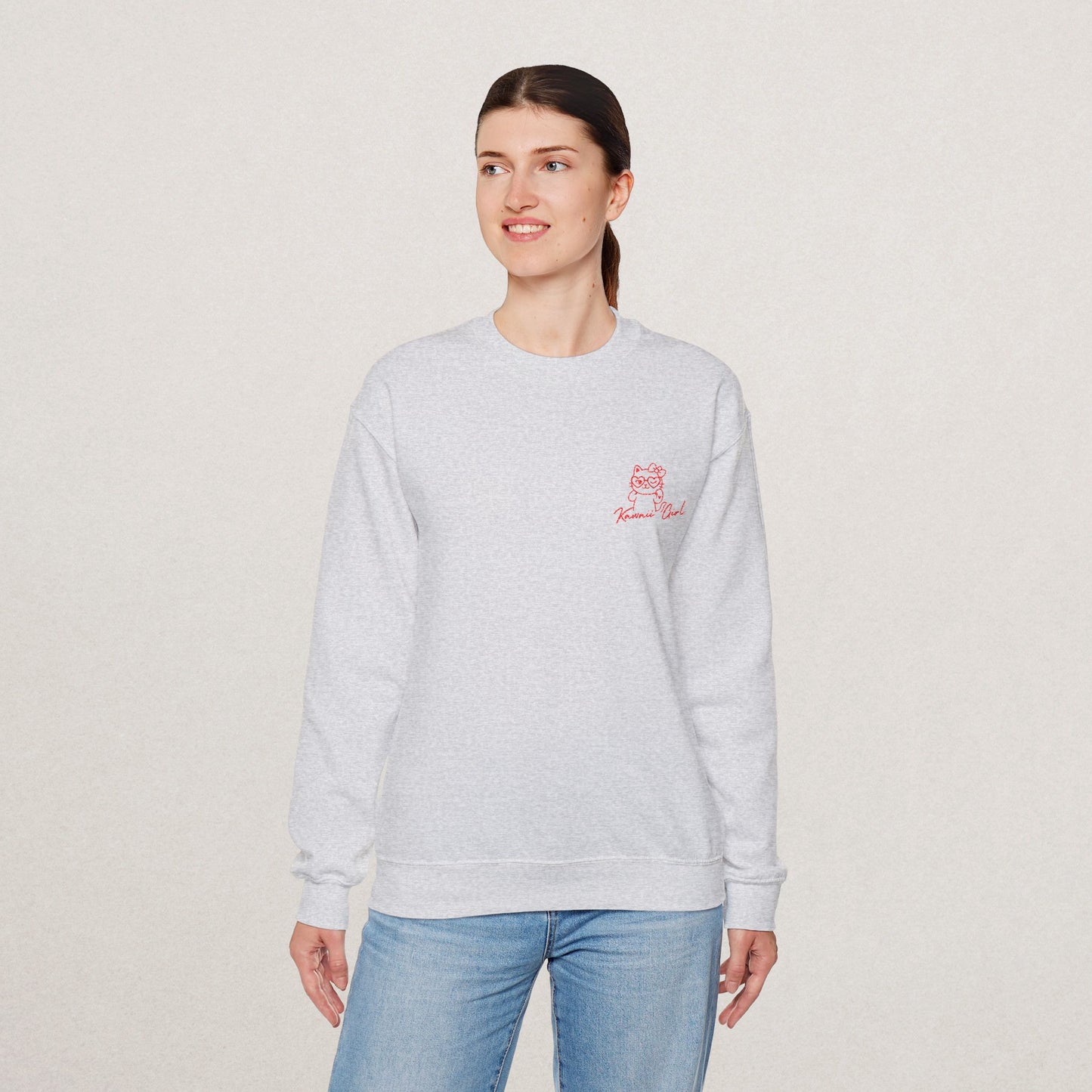 Kawaii Girl Embroidered Sweatshirt – Minimalist Cat Icon, 3 Colors