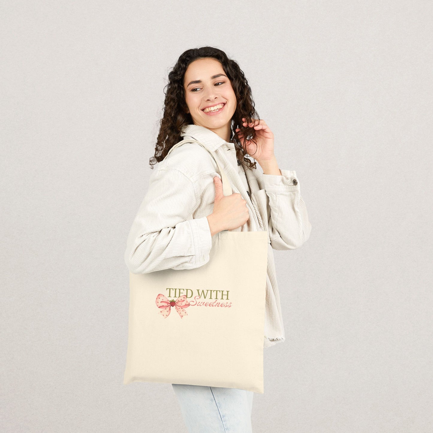 Charming Cotton Canvas Tote Bag - "Tied with Sweetness"