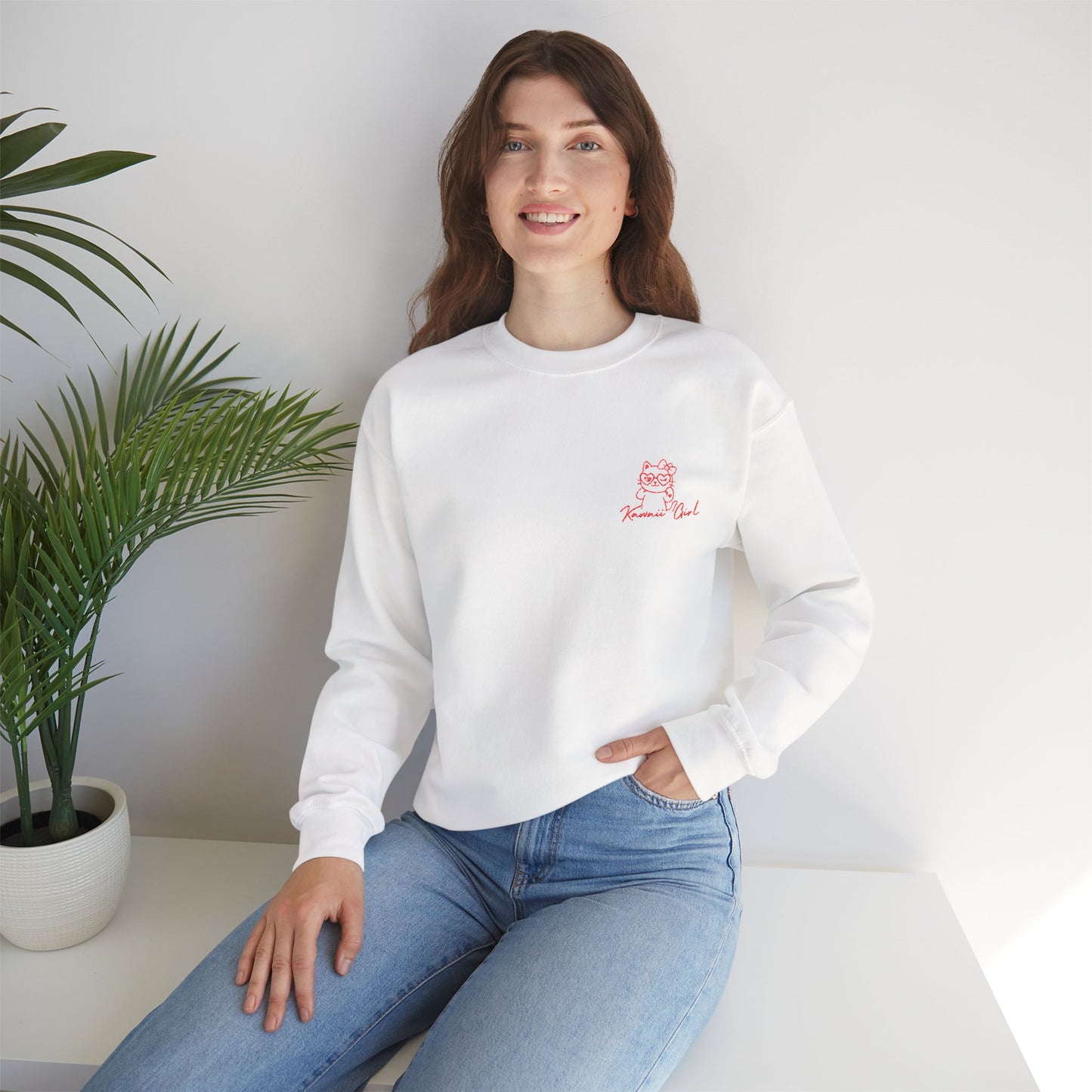 Kawaii Girl Embroidered Sweatshirt – Minimalist Cat Icon, 3 Colors