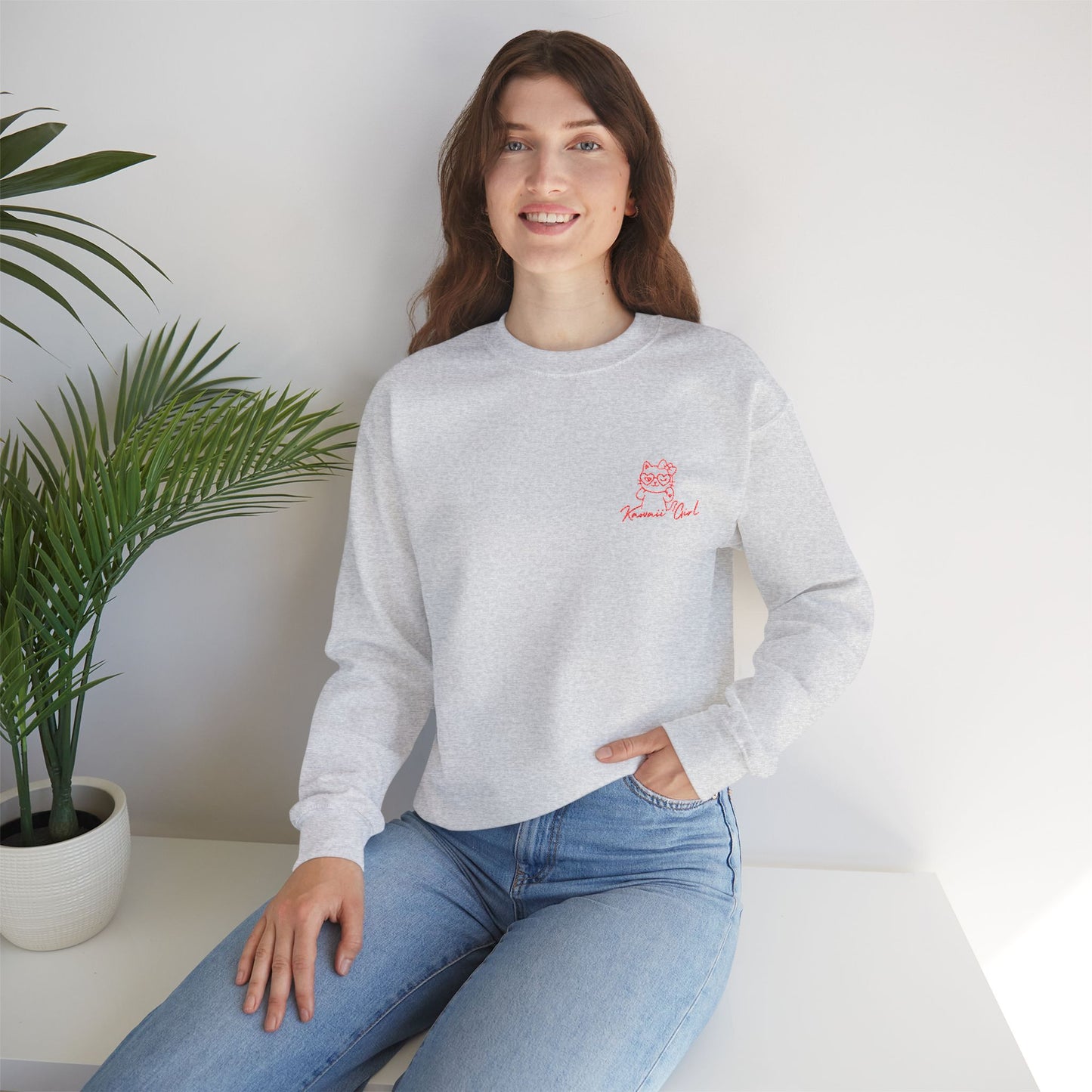 Kawaii Girl Embroidered Sweatshirt – Minimalist Cat Icon, 3 Colors
