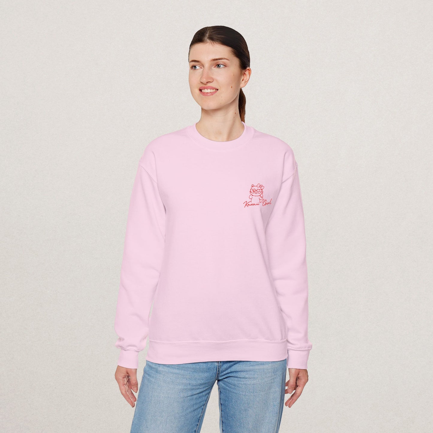 Kawaii Girl Embroidered Sweatshirt – Minimalist Cat Icon, 3 Colors