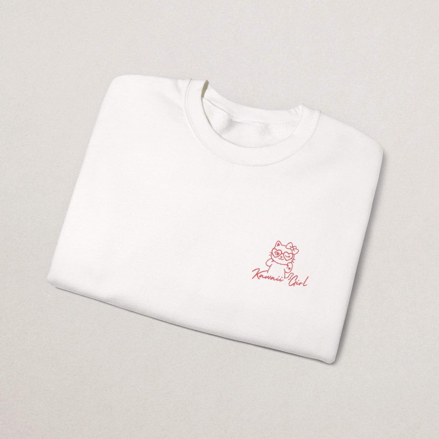 Kawaii Girl Embroidered Sweatshirt – Minimalist Cat Icon, 3 Colors