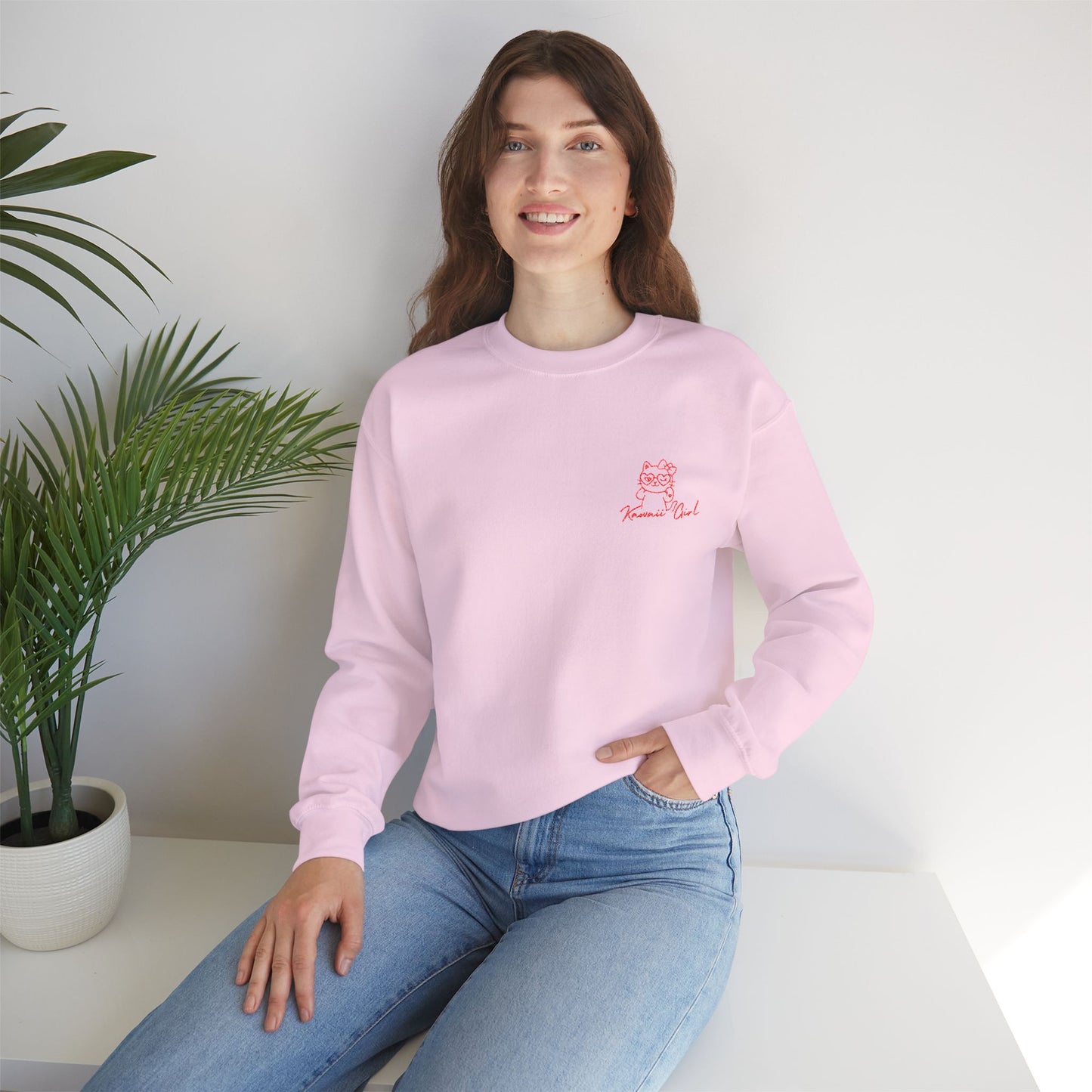 Kawaii Girl Embroidered Sweatshirt – Minimalist Cat Icon, 3 Colors